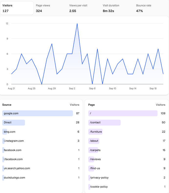 A real monthly analytics report for Regent Flooring & Furniture showing 127 visitors, 324 page views, visit duration, bounce rate and traffic sources, with Google as the top source and the furniture and carpets pages among the most visited