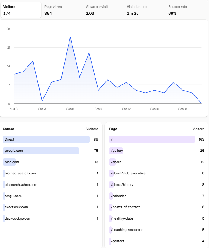 A real monthly analytics report showing 174 visitors, 354 page views, visit duration and traffic sources for a live website