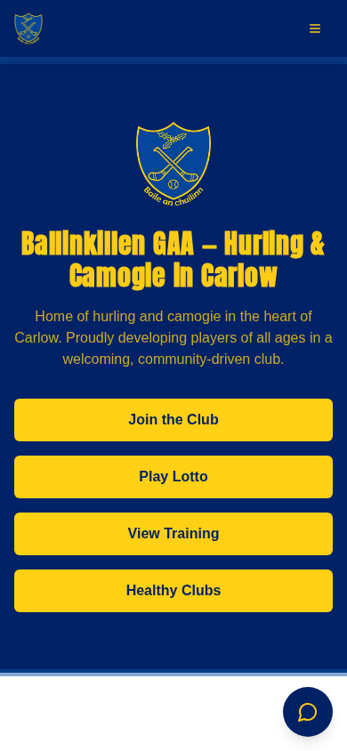 Ballinkillen GAA Club website shown on a mobile screen